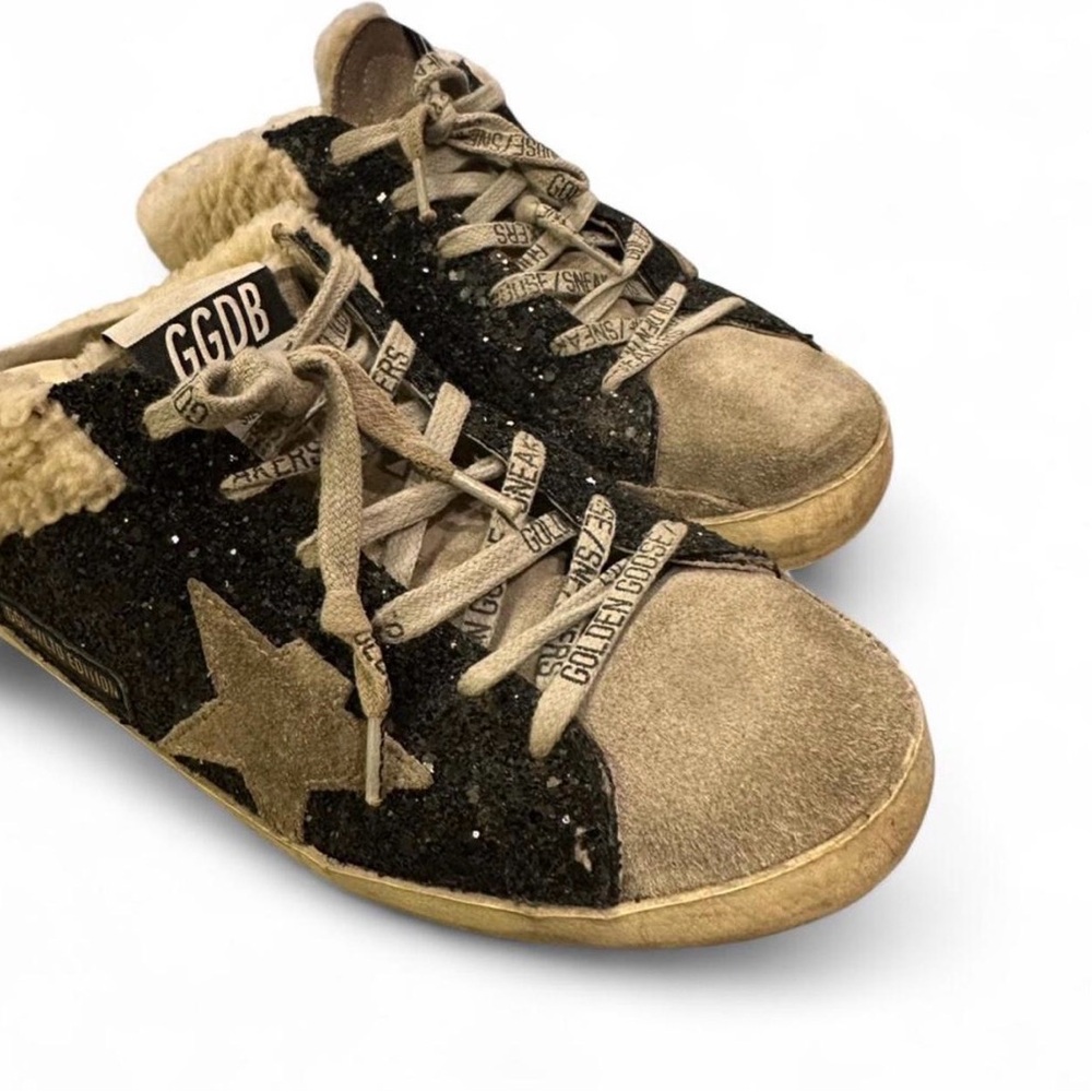 Golden Goose Black and Beige Star Slip Ons